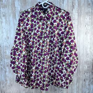 Lands End Womens 18W Pink Floral No Iron Supima Floral Button Shirt Long Sleeve